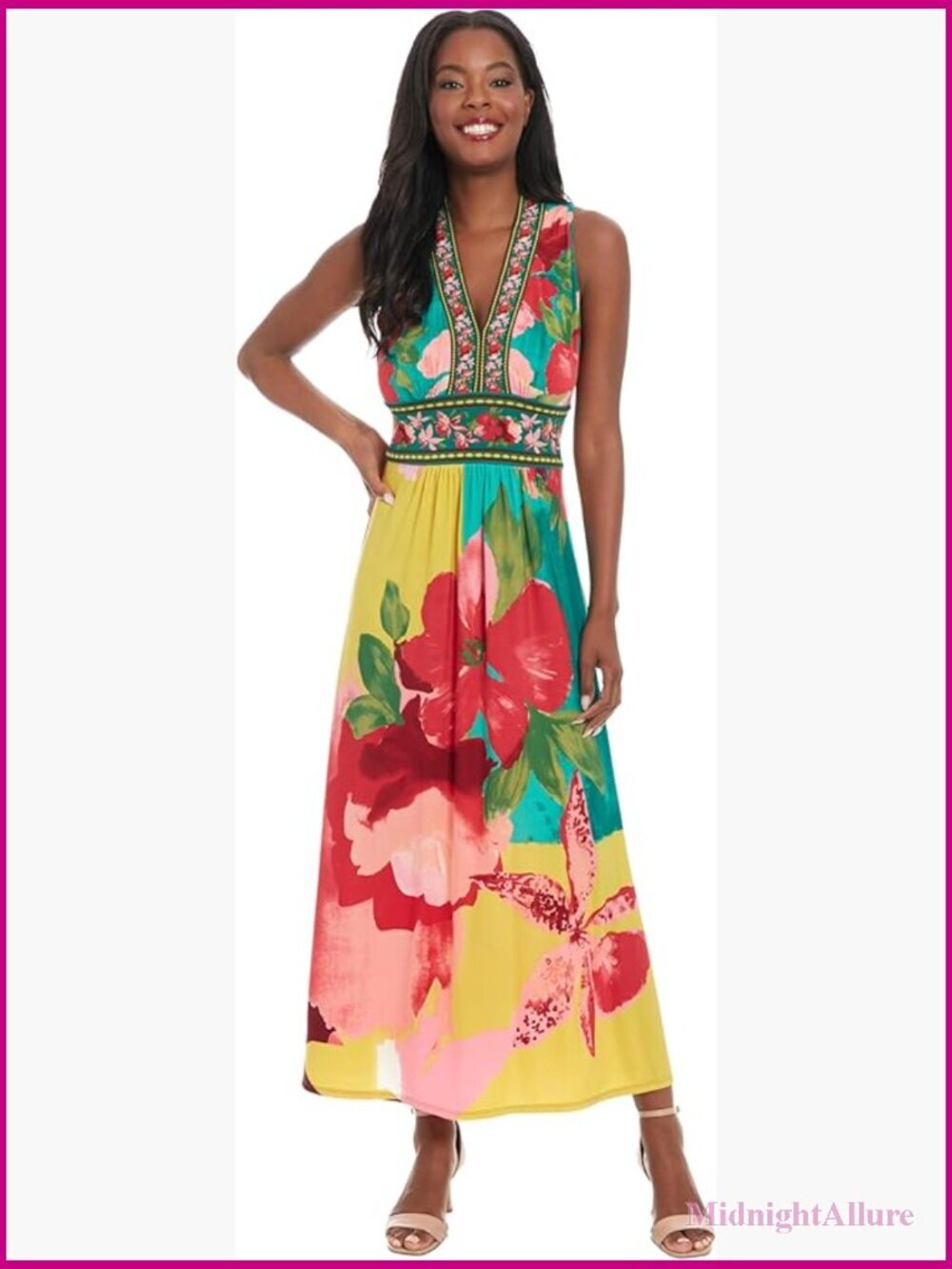 Floral V-Neck Sleeveless A-Line Maxi Dress Empire Waist Zipper Back